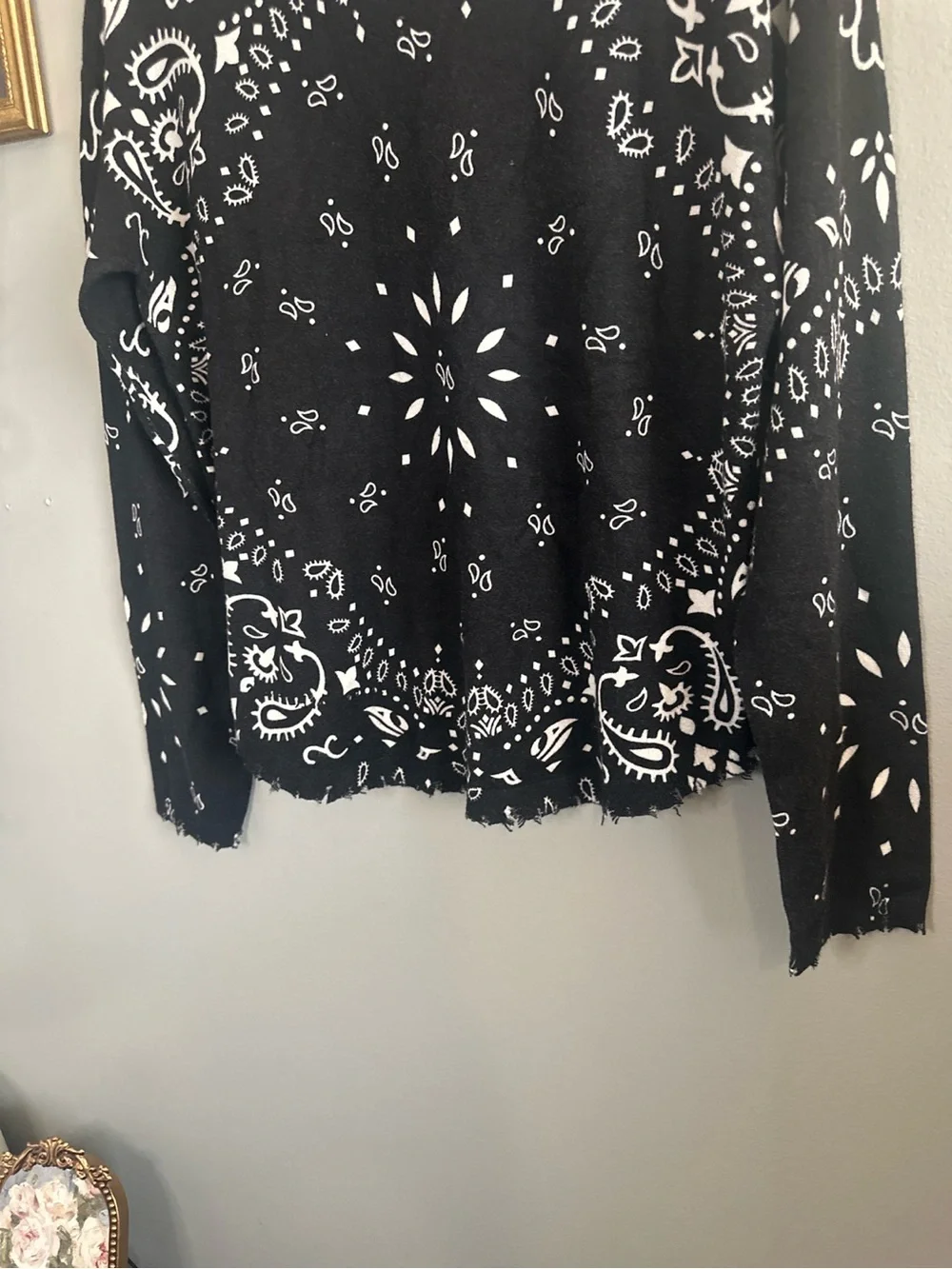 Charlie B Bandana Print Distressed Knit Sweater Black White Frayed Trim S